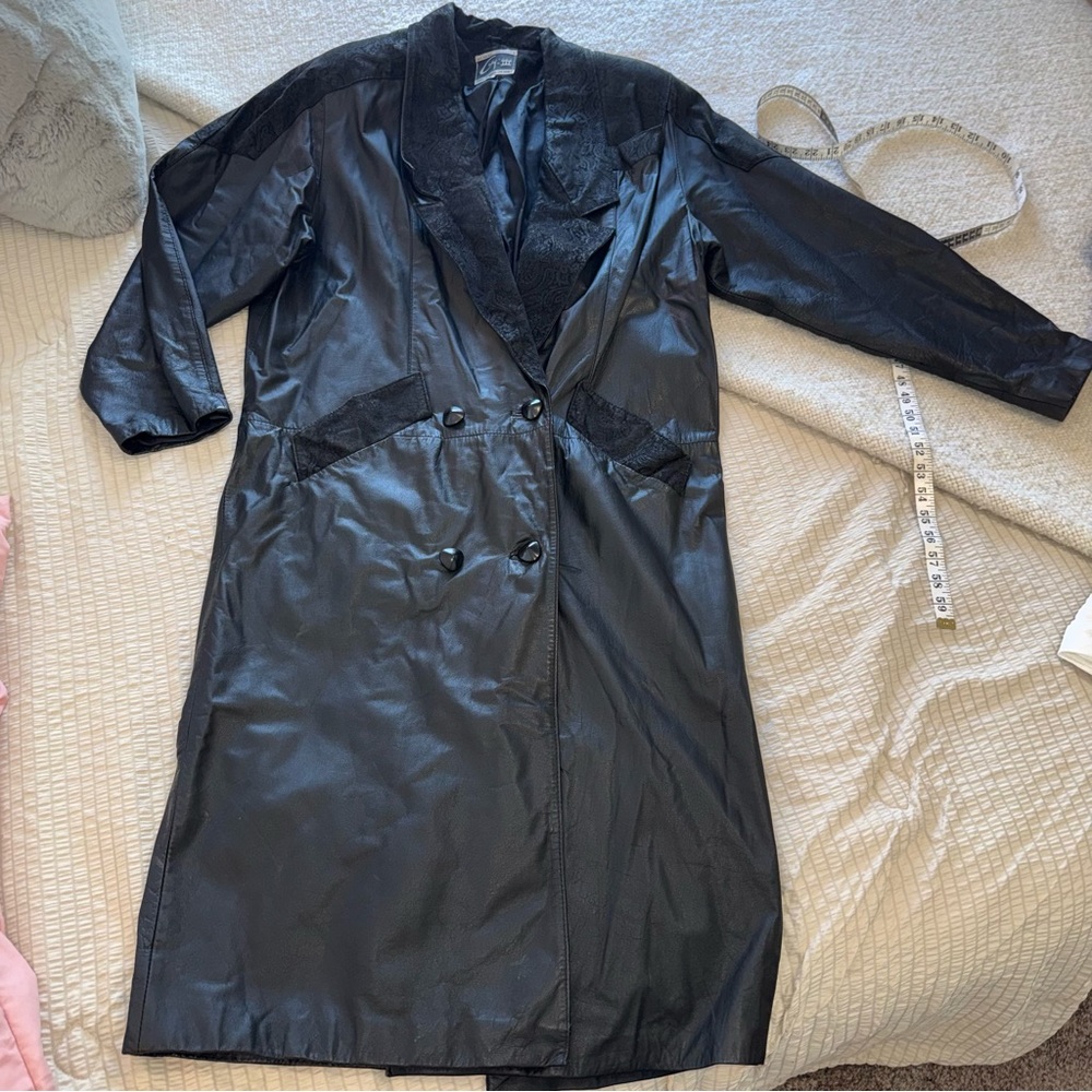 Vintage Black Leather Double Breasted Trench Coat medium